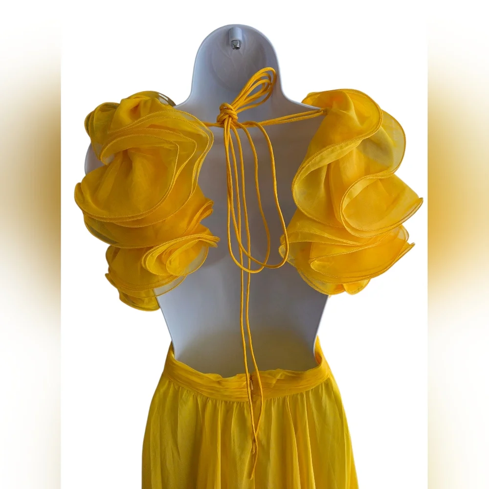 NWOT $598 Mac Duggal Ruffle Tiered Cutout Chiffon Gown Sunshine Yellow Size 2 - Picture 4 of 9